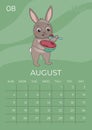 Vertical children calendar 2024. Month of August. Hare eats a juicy watermelon with a spoon. A5 format.