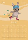 Vertical children calendar 2024. Month of June. Hare in a helmet roller skates. A5 format.