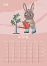 Vertical children calendar 2024. Month of April. Hare in rubber boots waters a young tree from a watering can. A5 format.