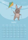 Vertical children calendar 2024. Month of May. Hare flies a kite. A5 format.