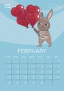 Vertical children calendar 2024. Month of February. Hare is holding a bunch of heart-shaped balloons. A5 format.
