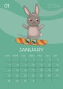 Vertical children calendar 2024. January month. Hare rides a snowboard. A5 format.