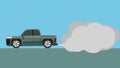 Vector or Illustration of pickup cartoon car passes by emitting pollution fumes or smoke from the exhaust pipe. Royalty Free Stock Photo