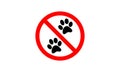 Animal STOP paw icon,No pets allowed sign, Red prohibition sign with no pets vector icon