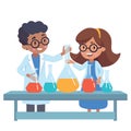 Female and male scientists working with glassware in a laboratory. Cute scientific research concept. Vector illustration.