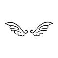 Doodle wings. Cartoon bird feather wings, religious angel wings ink sketch, black tattoo silhouette. Royalty Free Stock Photo
