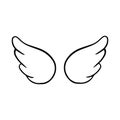 Doodle wings. Cartoon bird feather wings, religious angel wings ink sketch, black tattoo silhouette. Royalty Free Stock Photo