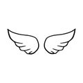 Doodle wings. Cartoon bird feather wings, religious angel wings ink sketch, black tattoo silhouette. Royalty Free Stock Photo