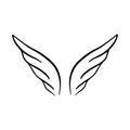 Doodle wings. Cartoon bird feather wings, religious angel wings ink sketch, black tattoo silhouette. Royalty Free Stock Photo