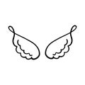 Doodle wings. Cartoon bird feather wings, religious angel wings ink sketch, black tattoo silhouette. Royalty Free Stock Photo