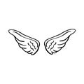 Doodle wings. Cartoon bird feather wings, religious angel wings ink sketch, black tattoo silhouette. Royalty Free Stock Photo