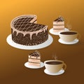 sliced chocolate cake and two cups coffee