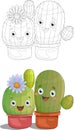 Two cute cartoon cactus in pot with little flower sketch template set. Royalty Free Stock Photo