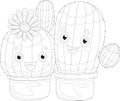 Two cute cartoon cactus in pot with little flower sketch template. Royalty Free Stock Photo