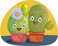 Two cute colorful cartoon cactus in pot with little flower sketch template. Royalty Free Stock Photo