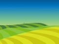 Meadow landscape. Summer green fields view, spring lawn hill and blue sky. Royalty Free Stock Photo