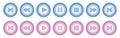 Pink and blue round music control buttons set. Play, pause, rewind, stop and forward Royalty Free Stock Photo