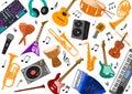 Musical instruments, sheet music, colorful vector illustration, music background. Royalty Free Stock Photo