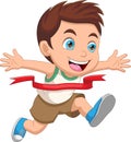 Happy boy ran to the finish line first cartoon Royalty Free Stock Photo