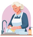 An elderly woman in work clothes washes dishes. Nanny services. Royalty Free Stock Photo
