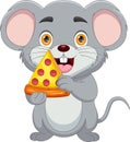 Happy mouse holding a slice of pizza cartoon