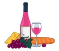 Bottle of rose wine, wine in a glass, cheese, baguette and grape. With an outline. Royalty Free Stock Photo