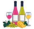 Bottle of rose wine and a bottle of white wine, wine in glasses, cheese and grapes. With an outline.