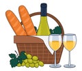 Bottle of white wine, wine in glasses, baguettes, grapes and a picnic basket. With an outline. Royalty Free Stock Photo