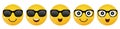 Set of smiling faces with glasses. Yellow glossy 3d emotion. Sunglasses emoji