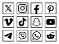 Instagram, TikTok, Facebook, Whatsapp, X, YouTube, Telegram, Vimeo, Pinterest, Reddit, Snapchat and Viber app icons. Royalty Free Stock Photo