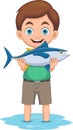 Little boy shows that he got a big fish in the river cartoon Royalty Free Stock Photo