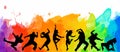 Detailed vector illustration silhouettes of expressive dance colorful group of people dancing. Jazz funk, hip-hop, house dance. Royalty Free Stock Photo