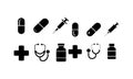Medical Icon Set with Pills, Syringes, Stethoscope, Vial, and Cross Symbols Royalty Free Stock Photo