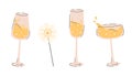 Set of champagne glasses. Alcoholic drinks for birthday parties. Vector illustration in flat style. Royalty Free Stock Photo