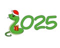 Snake symbol of 2025 new year, date and snake in Santa hat with gift - vector full color picture. Royalty Free Stock Photo