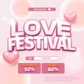 Love Festival Sale discount deals Editable text soft light pink gradient 3d bubbles circle with extra off and cashback love square Royalty Free Stock Photo