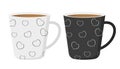 Paired mugs. White and black coffee mugs. Ceramic mugs with hearts. Royalty Free Stock Photo