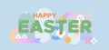 Happy Easter minimalistic banner with colored shapes on a blue background