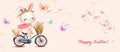 Cute Easter bunny on a bicycle. Banner design template -Happy Easter Royalty Free Stock Photo