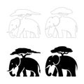 Elephant Silhouette with Acacia Tree. Fully editable Flat and Outline. Royalty Free Stock Photo