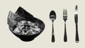 Poke bowl meal and cutlery collage for eating Royalty Free Stock Photo