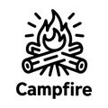 Minimalist Campfire Illustration Black Outline of Burning Logs with Flames and Radiating Heat Lines on White Background with Royalty Free Stock Photo