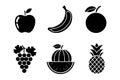 Flat Black Vector Icons of Six Distinct Popular Fresh Fruits Royalty Free Stock Photo
