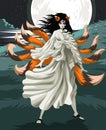 kitsune geisha with nine fox tails at night Royalty Free Stock Photo