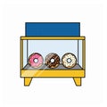 Sweet Delights A Colorful Display of Frosted Donuts in a Glass Showcase Royalty Free Stock Photo