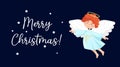 Christmas banner or greeting poster with cute cartoon angel on dark background.. Christmas card Royalty Free Stock Photo