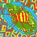 Bright psychedelic illustration of a spider on a web with colorful leaves and abstract geometric patterns. Royalty Free Stock Photo