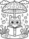 Cute Cat Reading Under Mushroom Umbrella Coloring Page Royalty Free Stock Photo
