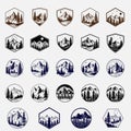 Vintage Mountain Silhouette t-shirt element bundle and Camping, Travel, Nature Explorer logo Icons vector Royalty Free Stock Photo