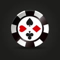 A round black poker chip with card suits. Casino banner, poker game. Vector illustration Royalty Free Stock Photo